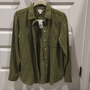 J. Crew Women's Casual Olive Button-Down Gauze Cotton Shirt NWT